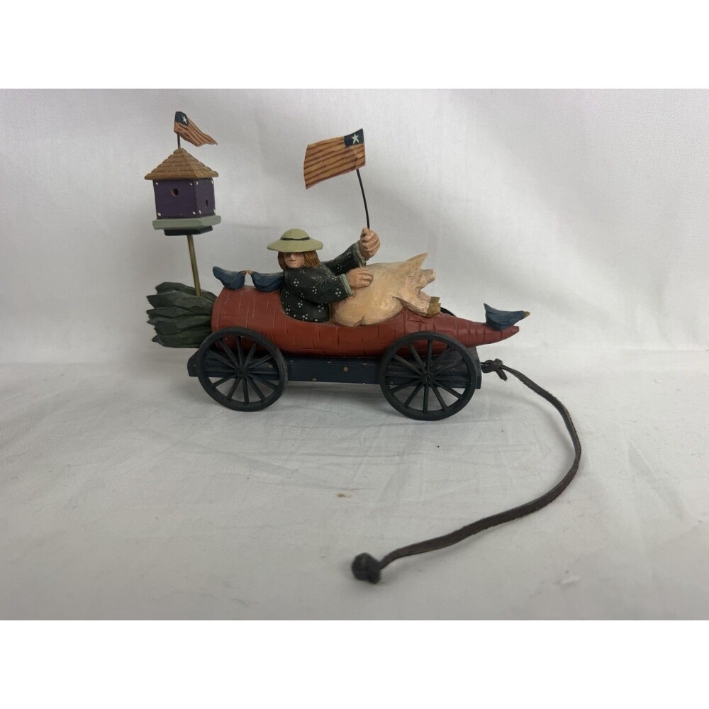 Williraye Studio Primitive Folk Art Girl & Pig In Carrot Pull Toy